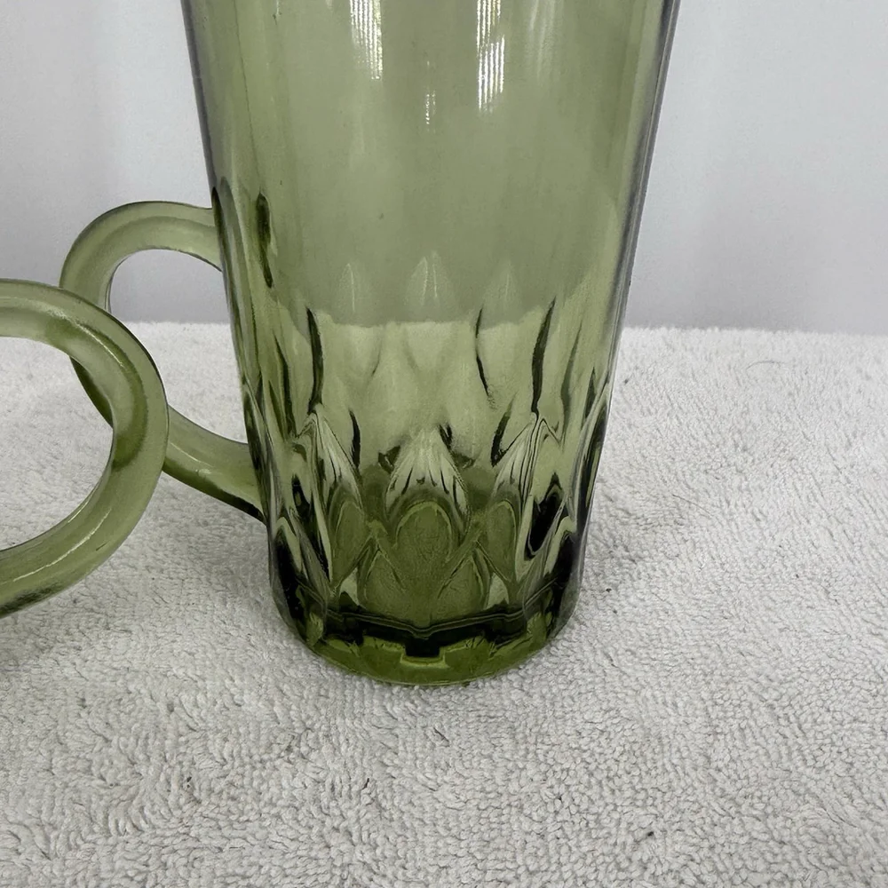 Vtg MCM Green Glass Tumbler With Handle Anchor Hocking Diamond Facet 5.5